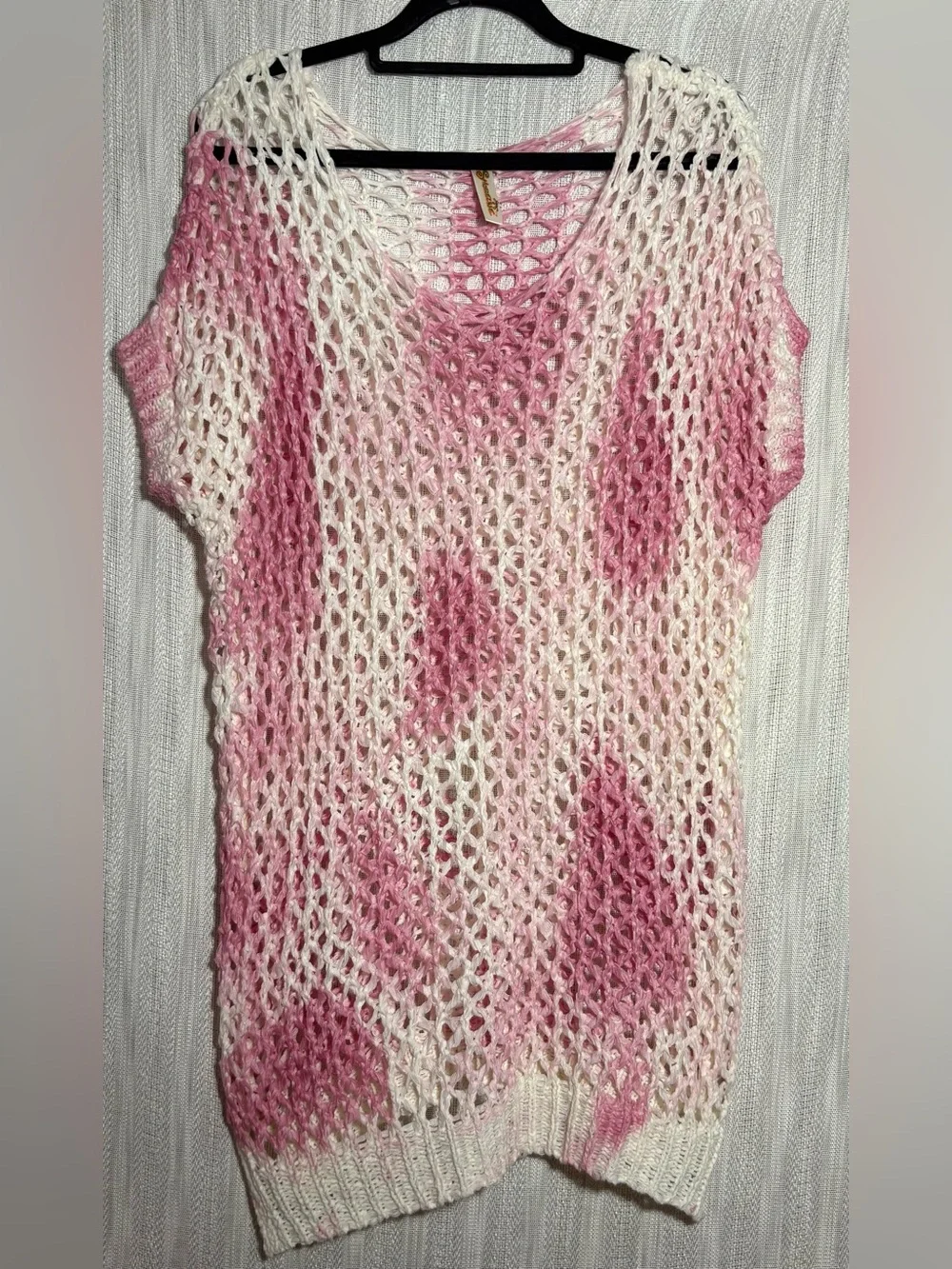 Pink & White Variegated Open Stitch Crochet Knit Short Sleeve Tunic Top